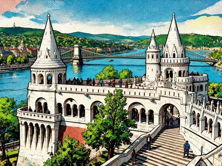 Pop-Art-Comicillustration des Wahrzeichens Fischerbastei Budapest in Budapest Ungarn, kraeftige Konturen Rasterpunkte und satte Farben - Foto: THN