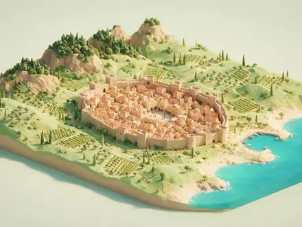 Isometrisches Diorama von Altstadt Rhodos und Umgebung in Rhodos Griechenland, verspielte Low-Poly-Kulisse in Pastellfarben - Foto: THN