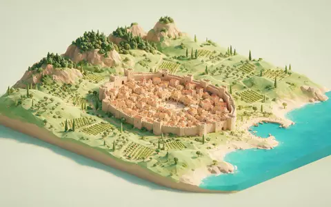 Isometrisches Diorama von Altstadt Rhodos und Umgebung in Rhodos Griechenland, verspielte Low-Poly-Kulisse in Pastellfarben - Foto: THN