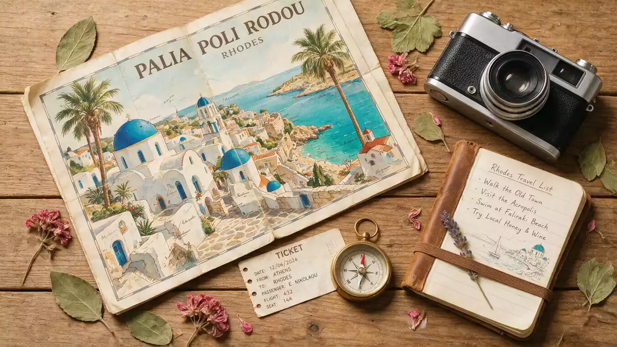 Flatlay-Reise-Arrangement rund um Altstadt Rhodos in Rhodos, Griechenland