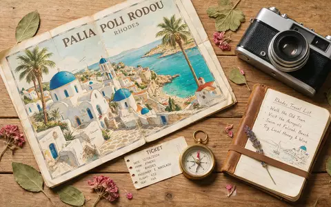 Flatlay-Reise-Arrangement rund um Altstadt Rhodos in Rhodos Griechenland, Karte Kompass Kamera und generische Reiserequisiten - Foto: THN