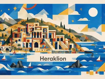 Bauhaus-Poster als geometrische Abstraktion von Palast von Knossos in Heraklion Griechenland, kraeftige Grundfarben und harte - Foto: THN