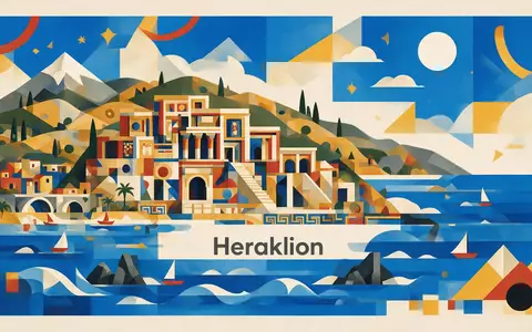 Bauhaus-Poster als geometrische Abstraktion von Palast von Knossos in Heraklion Griechenland, kraeftige Grundfarben und harte - Foto: THN