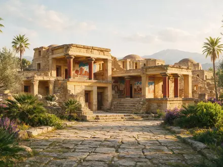 Editorialbild im Reisemagazin-Stil vom Wahrzeichen Palast von Knossos in Heraklion Griechenland, ausgewogene Bildgestaltung und natuerliches - Foto: THN