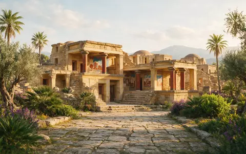 Editorialbild im Reisemagazin-Stil vom Wahrzeichen Palast von Knossos in Heraklion Griechenland, ausgewogene Bildgestaltung und natuerliches - Foto: THN