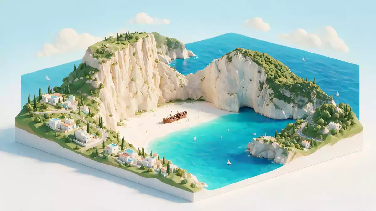 Isometrisches Diorama von Navagio Beach Zakynthos in Zakynthos, Griechenland in Pastell