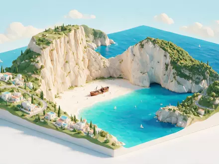 Isometrisches Diorama von Navagio Beach Zakynthos und Umgebung in Zakynthos Griechenland, verspielte Low-Poly-Kulisse in Pastellfarben - Foto: THN