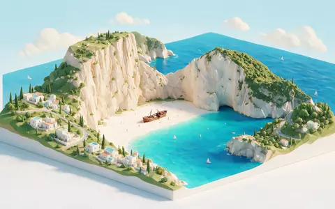 Isometrisches Diorama von Navagio Beach Zakynthos und Umgebung in Zakynthos Griechenland, verspielte Low-Poly-Kulisse in Pastellfarben - Foto: THN