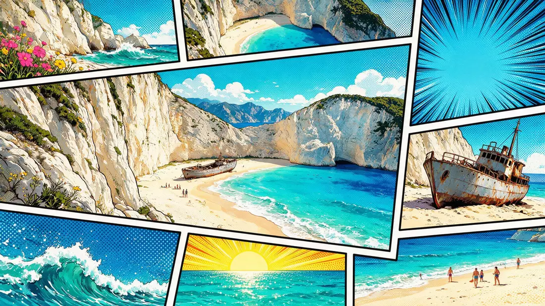 Pop-Art-Comic von Navagio Beach Zakynthos in Zakynthos, Griechenland mit Rasterpunkten