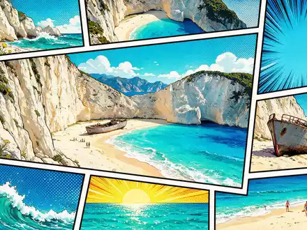 Pop-Art-Comicillustration des Wahrzeichens Navagio Beach Zakynthos in Zakynthos Griechenland, kraeftige Konturen Rasterpunkte und satte Farben - Foto: THN