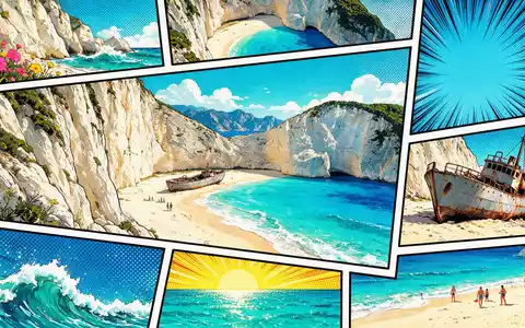 Pop-Art-Comicillustration des Wahrzeichens Navagio Beach Zakynthos in Zakynthos Griechenland, kraeftige Konturen Rasterpunkte und satte Farben - Foto: THN