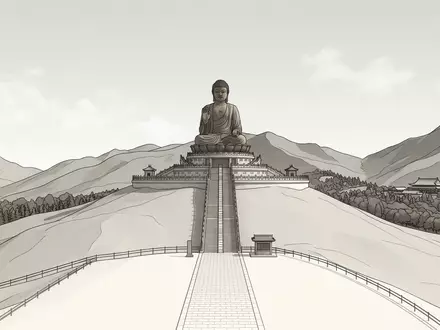 Moderner Architektur-Render zeigt Silhouette von Tian-Tan-Buddha in Hongkong China, klare Linien und neutrales Tageslicht - Foto: THN