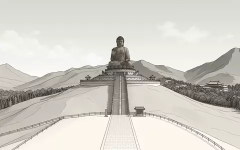 Moderner Architektur-Render zeigt Silhouette von Tian-Tan-Buddha in Hongkong China, klare Linien und neutrales Tageslicht - Foto: THN