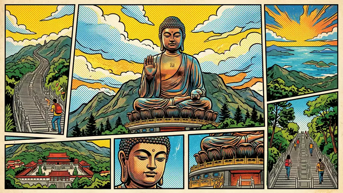 Pop-Art-Comic von Tian-Tan-Buddha in Hongkong, China mit Rasterpunkten