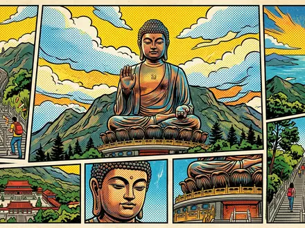 Pop-Art-Comicillustration des Wahrzeichens Tian-Tan-Buddha in Hongkong China, kraeftige Konturen Rasterpunkte und satte Farben - Foto: THN