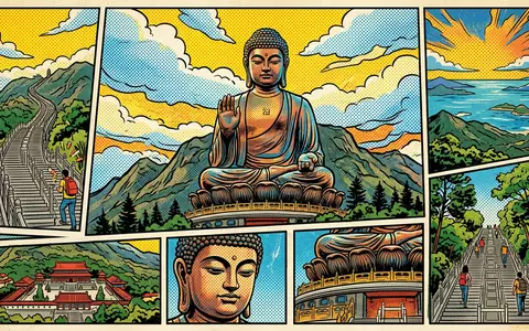 Pop-Art-Comicillustration des Wahrzeichens Tian-Tan-Buddha in Hongkong China, kraeftige Konturen Rasterpunkte und satte Farben - Foto: THN