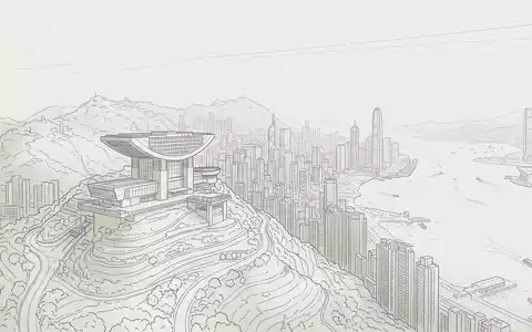 Moderner Architektur-Render zeigt Silhouette von Victoria Peak Hongkong in Hongkong China, klare Linien und neutrales - Foto: THN