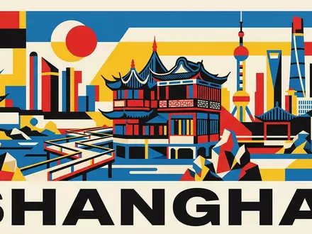 Bauhaus-Poster als geometrische Abstraktion von Yu-Garten Shanghai in Shanghai China, kraeftige Grundfarben und harte Formkanten - Foto: THN