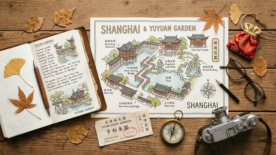 Flatlay-Reise-Arrangement rund um Yu-Garten Shanghai in Shanghai, China