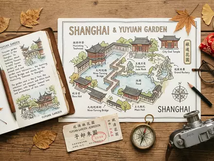 Flatlay-Reise-Arrangement rund um Yu-Garten Shanghai in Shanghai China, Karte Kompass Kamera und generische Reiserequisiten - Foto: THN