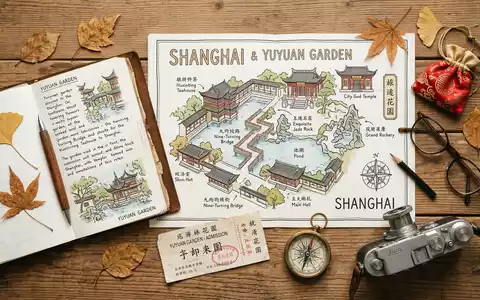 Flatlay-Reise-Arrangement rund um Yu-Garten Shanghai in Shanghai China, Karte Kompass Kamera und generische Reiserequisiten - Foto: THN