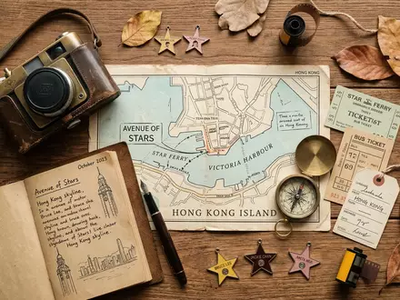 Flatlay-Reise-Arrangement rund um Avenue of Stars Hongkong in Hongkong China, Karte Kompass Kamera und generische - Foto: THN