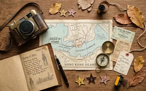 Flatlay-Reise-Arrangement rund um Avenue of Stars Hongkong in Hongkong China, Karte Kompass Kamera und generische - Foto: THN