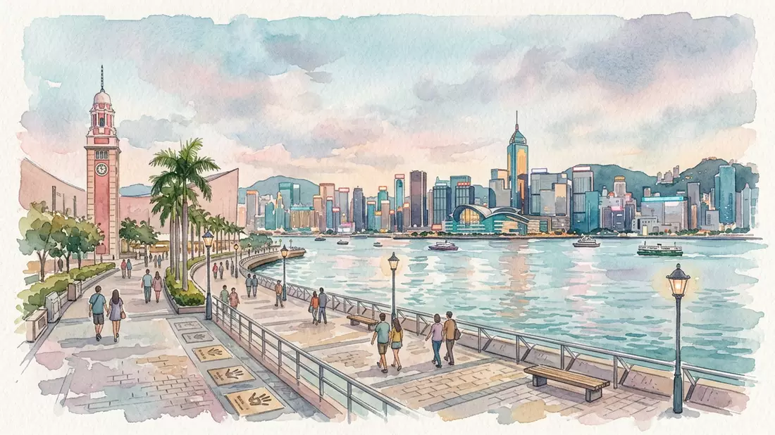 Aquarell-Illustration von Avenue of Stars Hongkong in Hongkong, China als Reiseposter