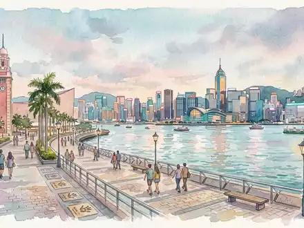 Aquarellillustration des Wahrzeichens Avenue of Stars Hongkong in Hongkong China, weiche Farbverläufe und pastelliges Reiseposter-Feeling - Foto: THN