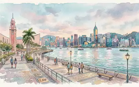 Aquarellillustration des Wahrzeichens Avenue of Stars Hongkong in Hongkong China, weiche Farbverläufe und pastelliges Reiseposter-Feeling - Foto: THN