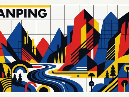 Bauhaus-Poster als geometrische Abstraktion von Wuyi-Gebirge in Nanping China, kraeftige Grundfarben und harte Formkanten - Foto: THN