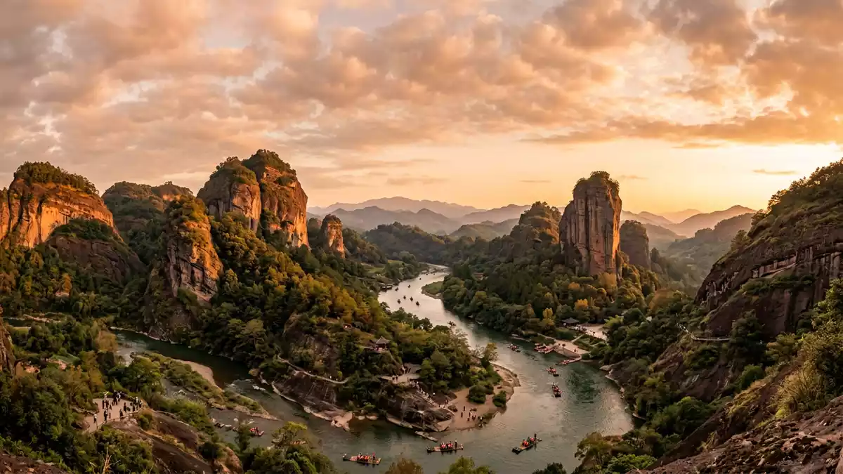 Fotorealistische Ansicht von Wuyi-Gebirge in Nanping, China im Abendlicht