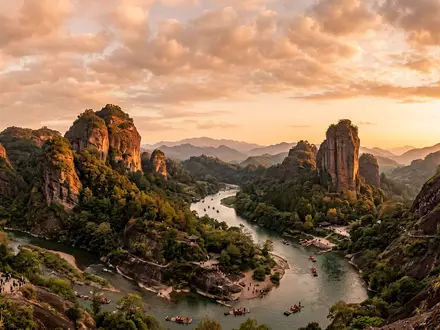 Fotorealistische Panoramaaufnahme von Wuyi-Gebirge in Nanping China, warmes Abendlicht auf Wahrzeichen im Reisemotiv - Foto: THN