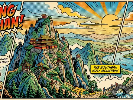 Pop-Art-Comicillustration des Wahrzeichens Hengshan Hunan in Hengyang China, kraeftige Konturen Rasterpunkte und satte Farben - Foto: THN