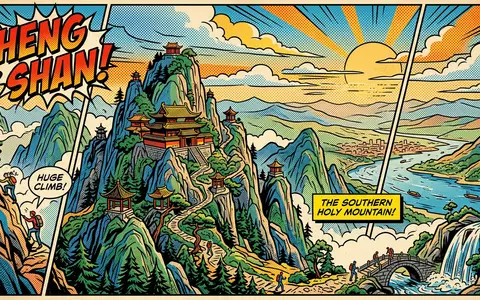Pop-Art-Comicillustration des Wahrzeichens Hengshan Hunan in Hengyang China, kraeftige Konturen Rasterpunkte und satte Farben - Foto: THN