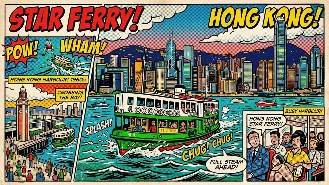 Pop-Art-Comic von Star Ferry Hongkong in Hongkong, China mit Rasterpunkten