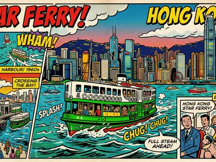 Pop-Art-Comicillustration des Wahrzeichens Star Ferry Hongkong in Hongkong China, kraeftige Konturen Rasterpunkte und satte Farben - Foto: THN