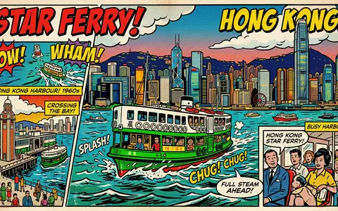 Pop-Art-Comicillustration des Wahrzeichens Star Ferry Hongkong in Hongkong China, kraeftige Konturen Rasterpunkte und satte Farben - Foto: THN