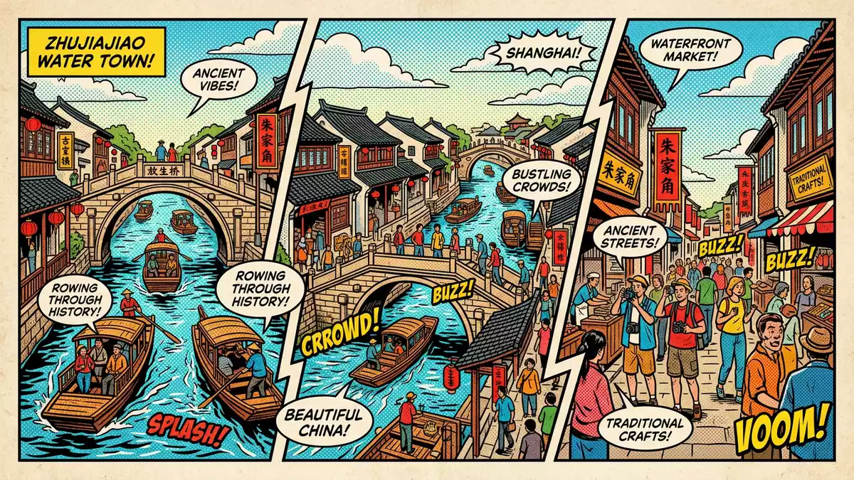 Pop-Art-Comic von Zhujiajiao-Wasserstadt in Shanghai, China mit Rasterpunkten