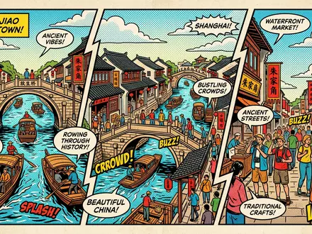 Pop-Art-Comicillustration des Wahrzeichens Zhujiajiao-Wasserstadt in Shanghai China, kraeftige Konturen Rasterpunkte und satte Farben - Foto: THN