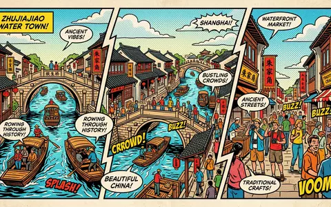 Pop-Art-Comicillustration des Wahrzeichens Zhujiajiao-Wasserstadt in Shanghai China, kraeftige Konturen Rasterpunkte und satte Farben - Foto: THN