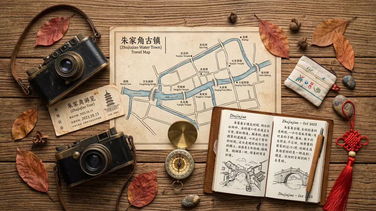 Flatlay-Reise-Arrangement rund um Zhujiajiao-Wasserstadt in Shanghai, China