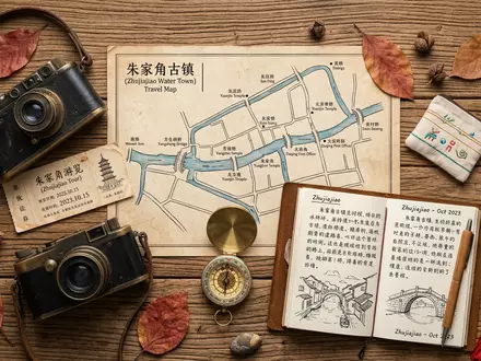 Flatlay-Reise-Arrangement rund um Zhujiajiao-Wasserstadt in Shanghai China, Karte Kompass Kamera und generische Reiserequisiten - Foto: THN