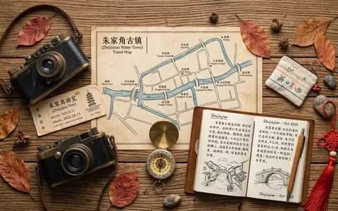 Flatlay-Reise-Arrangement rund um Zhujiajiao-Wasserstadt in Shanghai China, Karte Kompass Kamera und generische Reiserequisiten - Foto: THN