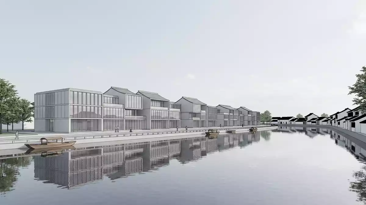 Architektur-Render von Zhujiajiao-Wasserstadt in Shanghai, China bei Tageslicht