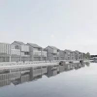Moderner Architektur-Render zeigt Silhouette von Zhujiajiao-Wasserstadt in Shanghai China, klare Linien und neutrales Tageslicht - Foto: THN