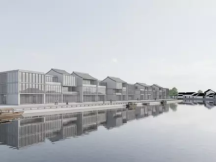 Moderner Architektur-Render zeigt Silhouette von Zhujiajiao-Wasserstadt in Shanghai China, klare Linien und neutrales Tageslicht - Foto: THN