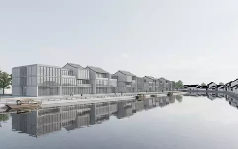 Moderner Architektur-Render zeigt Silhouette von Zhujiajiao-Wasserstadt in Shanghai China, klare Linien und neutrales Tageslicht - Foto: THN