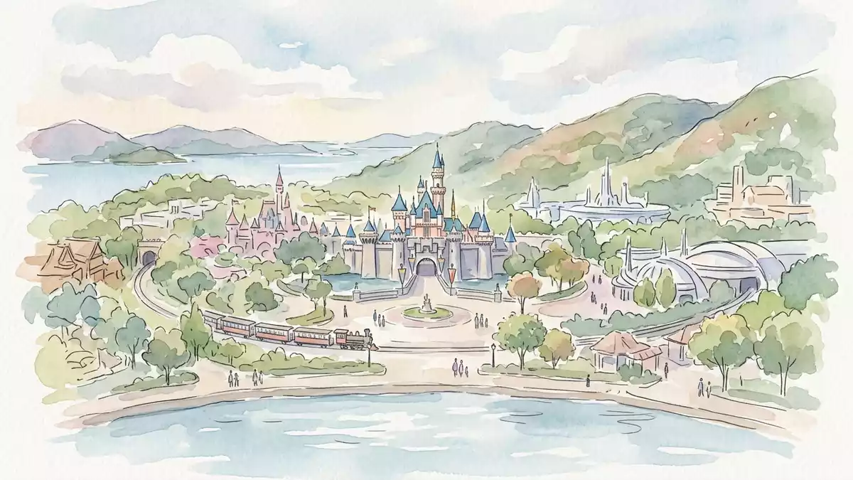 Aquarell-Illustration von Hong Kong Disneyland in Hongkong, China als Reiseposter