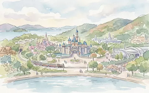 Aquarellillustration des Wahrzeichens Hong Kong Disneyland in Hongkong China, weiche Farbverläufe und pastelliges Reiseposter-Feeling - Foto: THN
